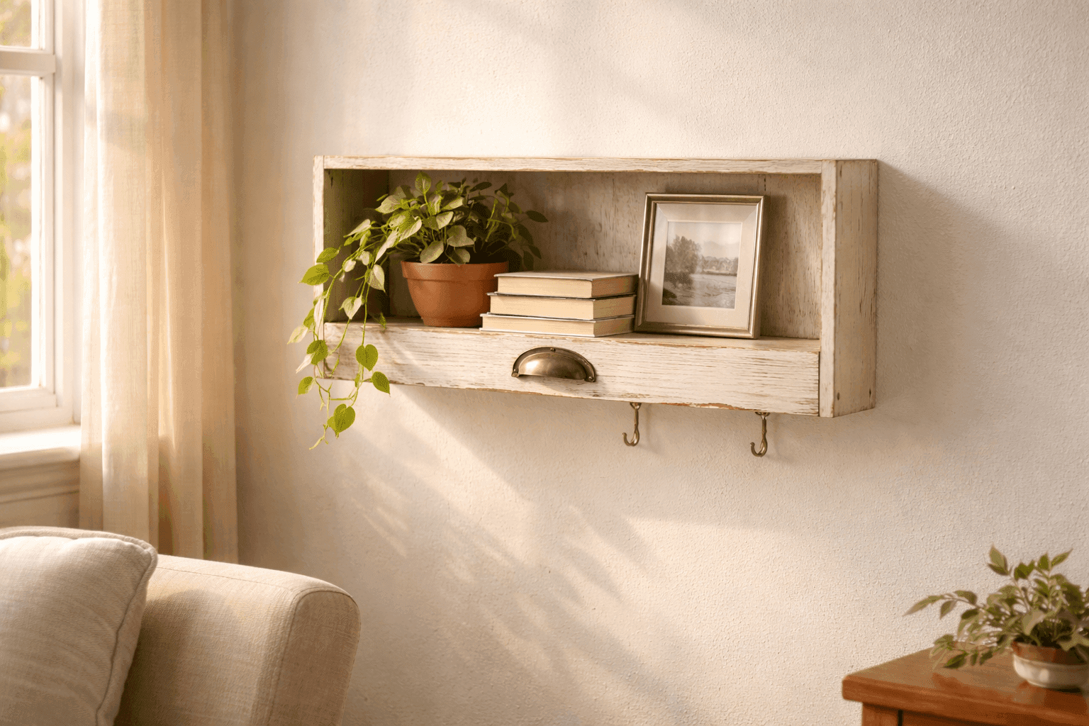 A vintage dresser drawer mounted horizontally on a white wall as a floating shadow box shelf, painted in distressed white and styled with small potted plants, framed photos, and a stack of books