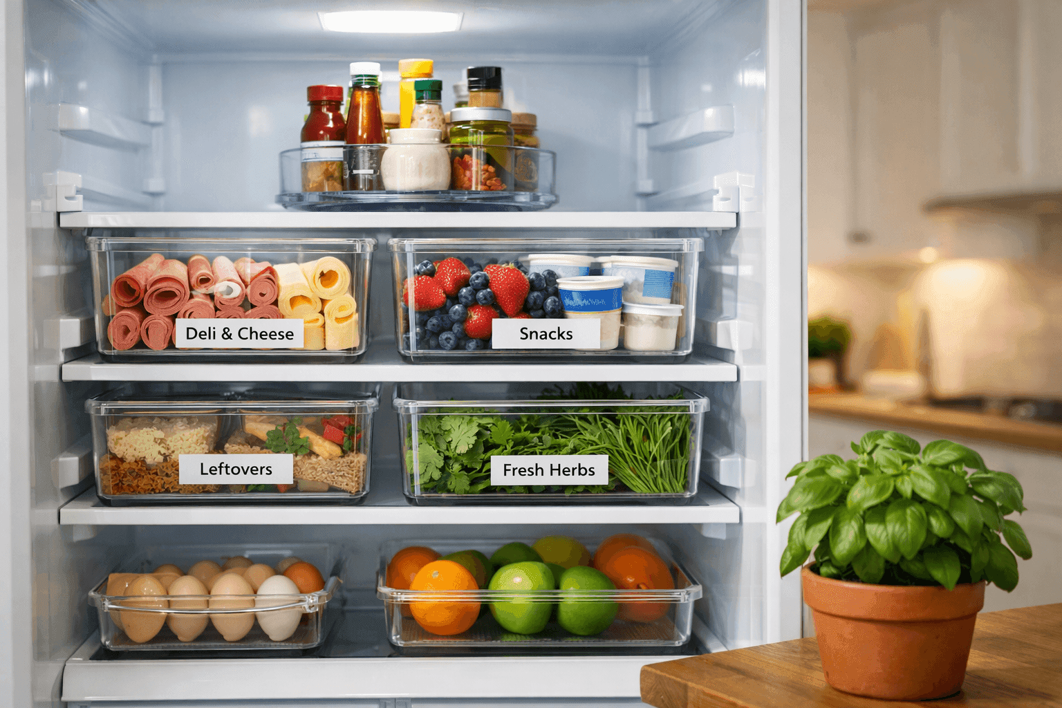 Neatly organized refrigerator interior with clear labeled bins grouped by category on each shelf