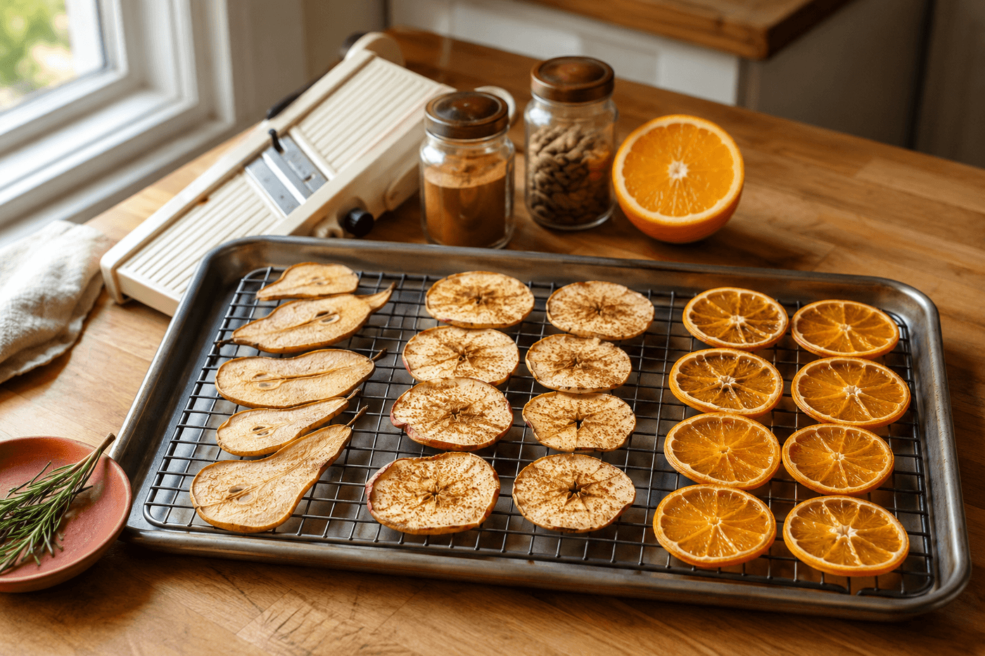 Golden brown oven-dehydrated apple and pear chips arranged on parchment paper on a wire rack beside thin orange slices dusted with cinnamon and cardamom, with fresh whole fruit and spice jars as props
