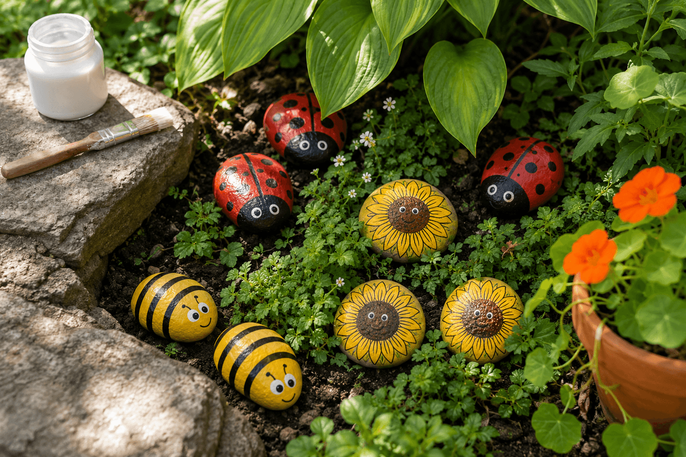 Several painted garden accent rocks — ladybugs, bumblebees, and sunflowers — nestled among hosta leaves and border stones in a lush garden bed