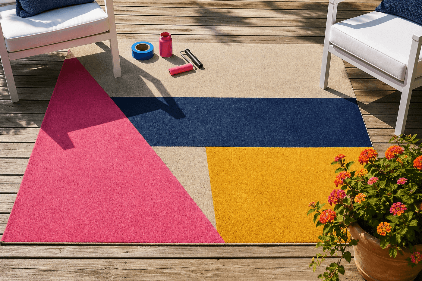 A plain outdoor rug painted with large bold geometric color blocks in hot pink, navy, and mustard yellow with crisp tape-masked edges on a sunny patio deck