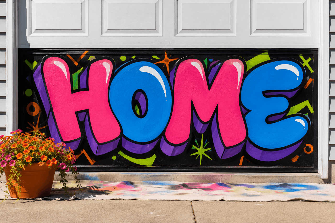 A single garage door panel painted in graffiti style with oversized bubble letters spelling a house number in neon pink and electric blue with black outlines and white highlights on a dark charcoal base