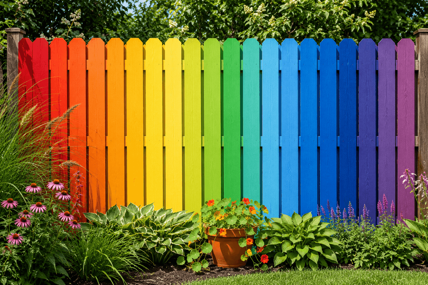 A wooden backyard fence section painted in a seamless rainbow ombré gradient from red through orange yellow green blue and violet across fourteen vertical boards, with lush garden plants in the foreground
