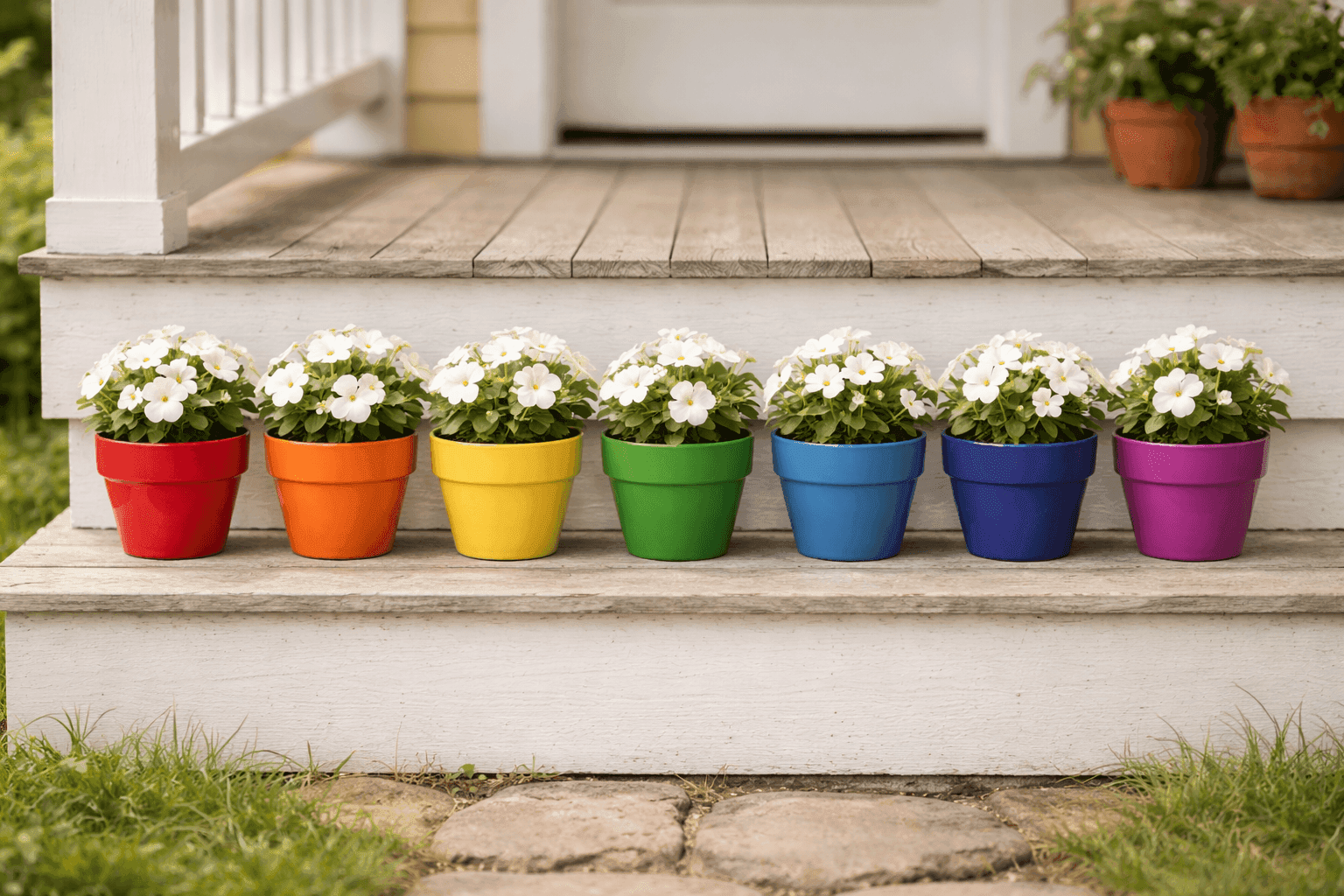 Seven ceramic planters painted in full rainbow spectrum from red to violet, arranged in order on wooden porch steps, each planted with white flowers against bright outdoor light