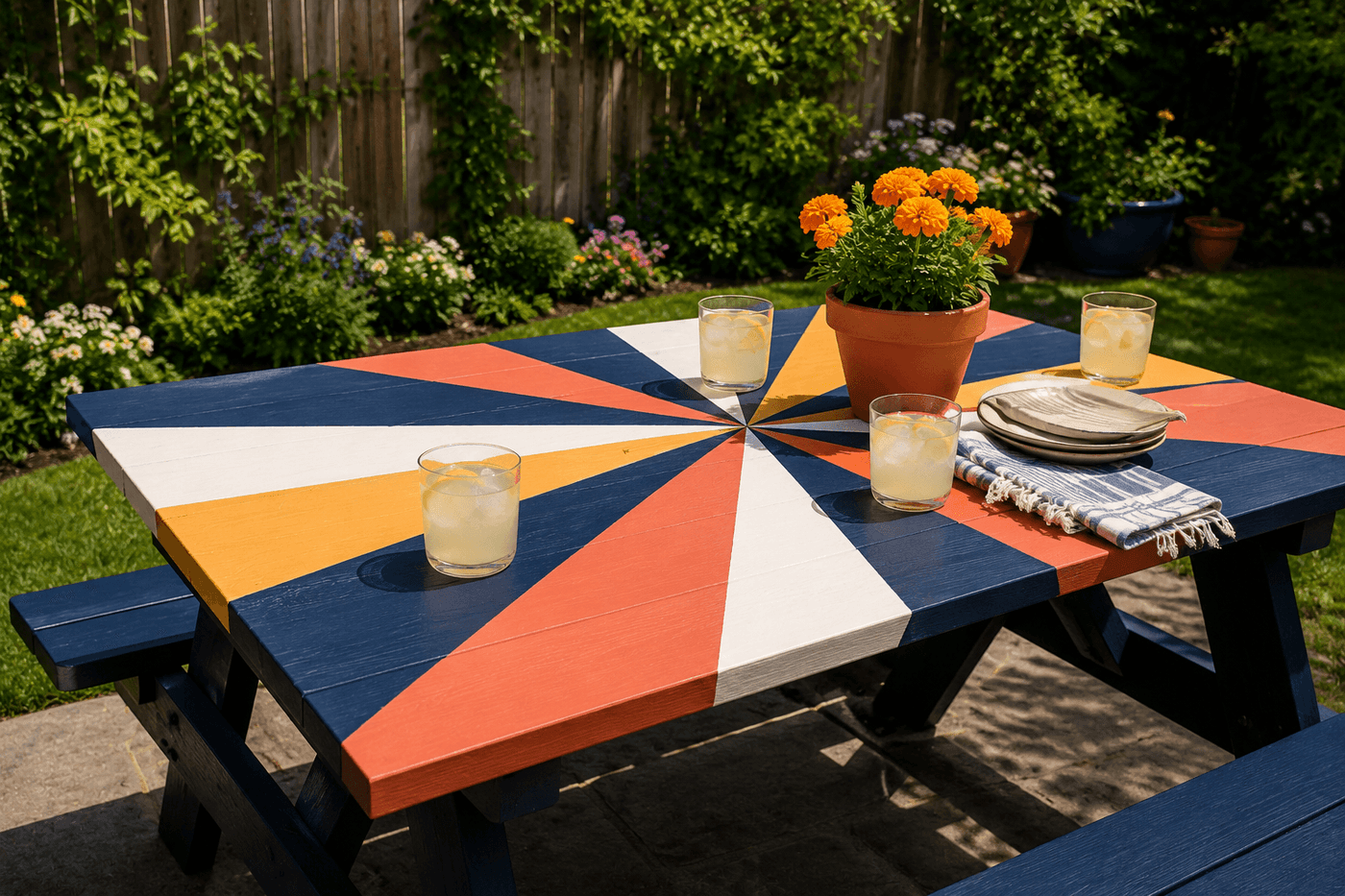 Boldly painted picnic table with a coral, mustard, and white sunburst geometric pattern on a deep navy base, set in a sunny backyard with summer plants surrounding it