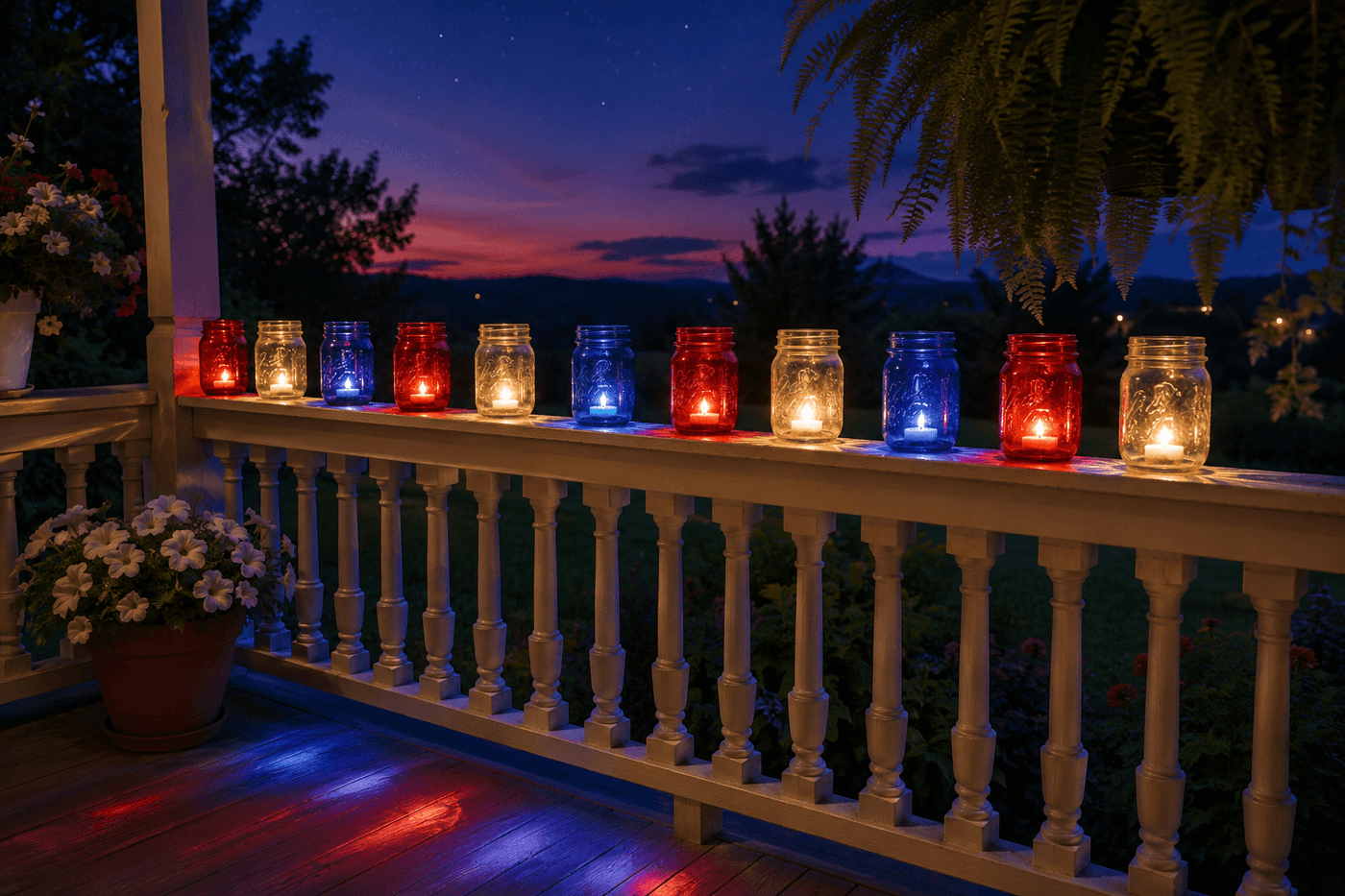 Row of red, clear, and blue painted mason jar luminaries glowing with tea light candles along a porch railing at dusk on Fourth of July, casting jewel-toned light in a patriotic pattern