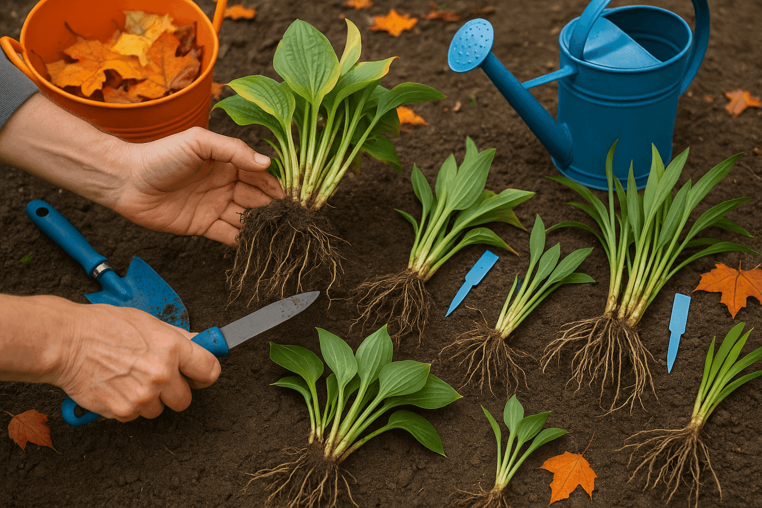 Garden scene showing perennial division process with hostas and daylilies being split into new plants with gardening tools and freshly divided plants