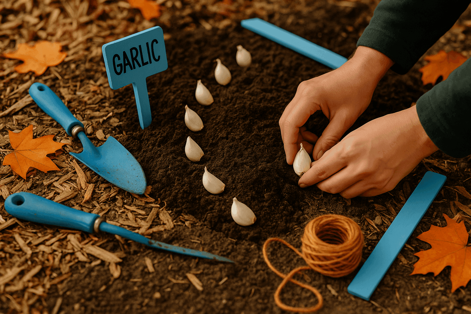 Fall garden scene showing garlic cloves being planted in prepared beds with gardening tools and healthy soil for next summer's harvest