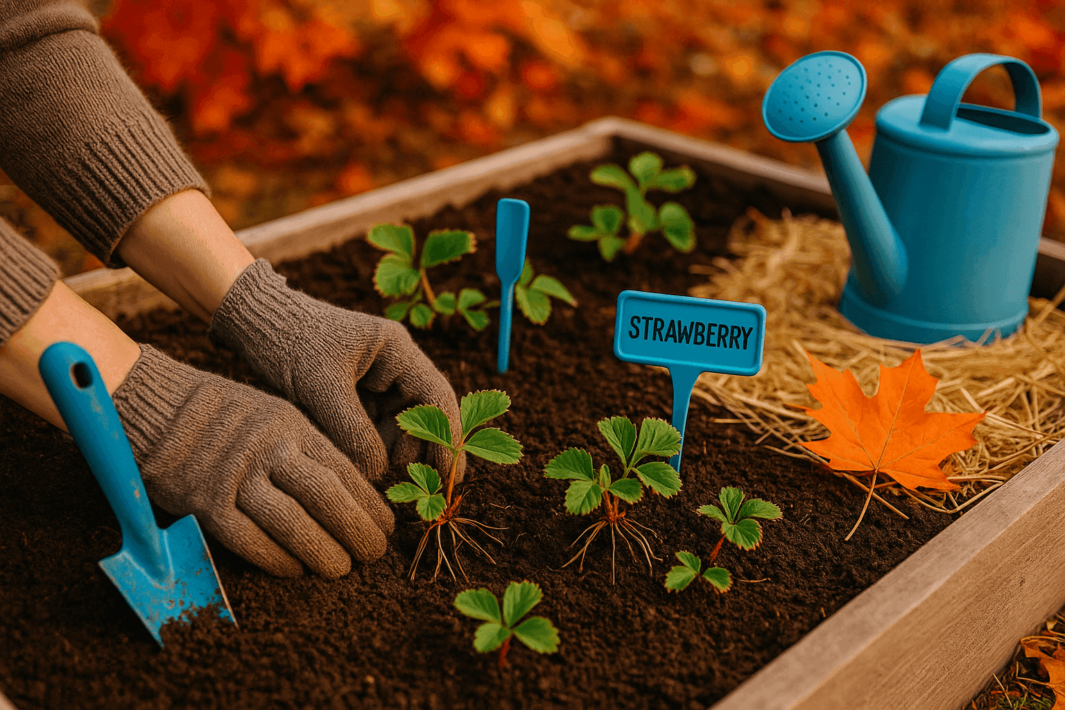 Fall garden scene showing strawberry crown planting in prepared raised bed with mulch and proper spacing for next year's harvest