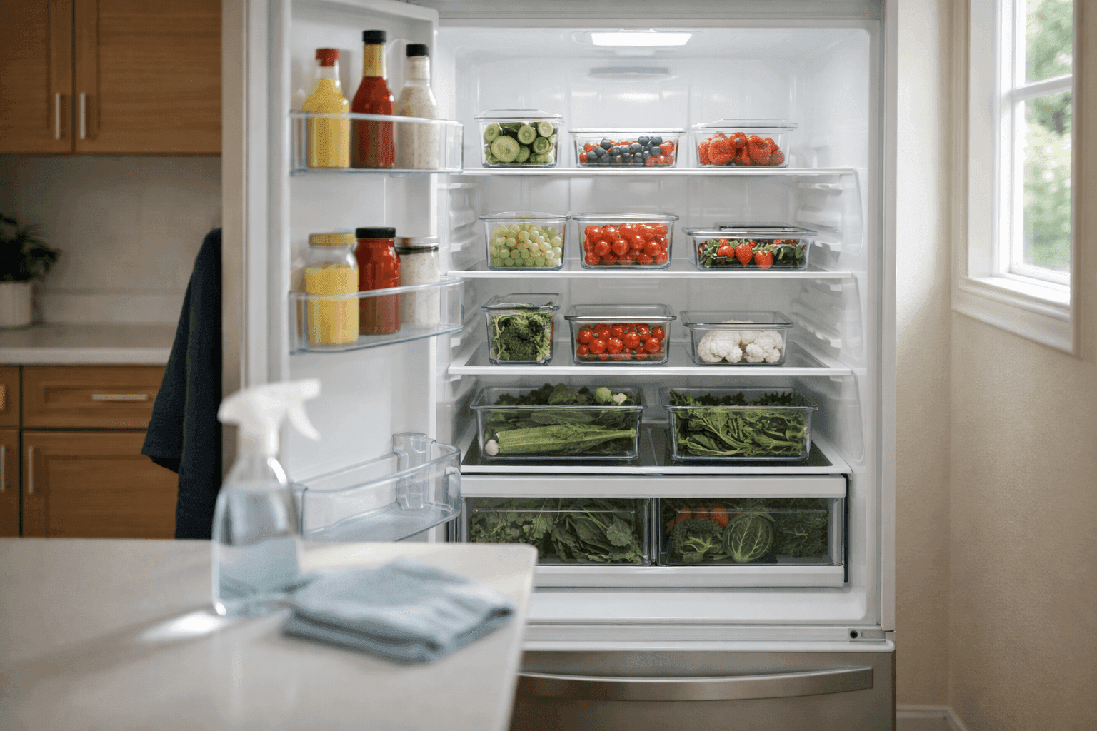 Sparkling clean refrigerator interior with organized shelves and fresh storage containers after deep cleaning