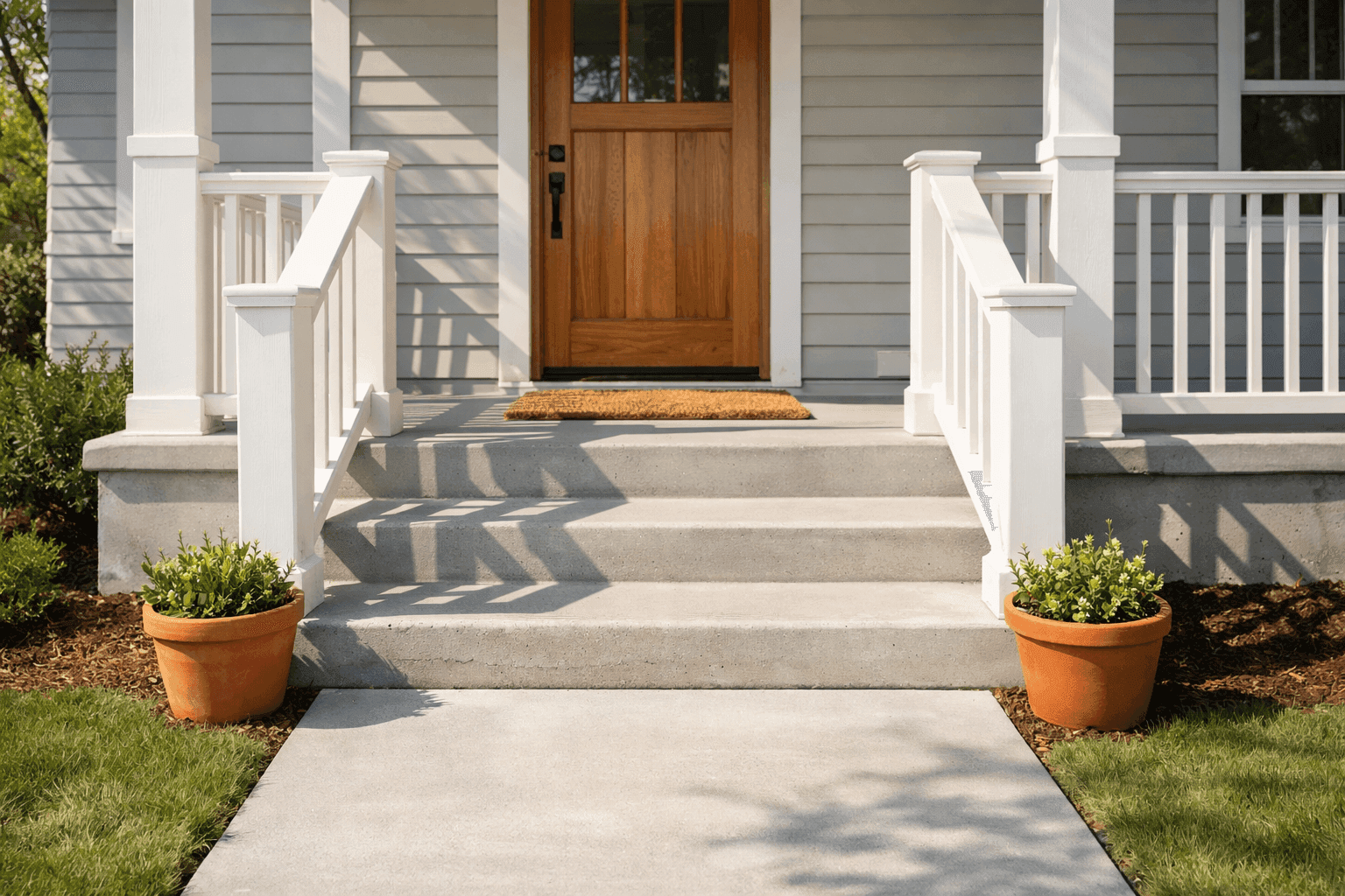 Sparkling clean front porch with bright white concrete, fresh railings, and a welcoming entrance after power washing on a bright spring day