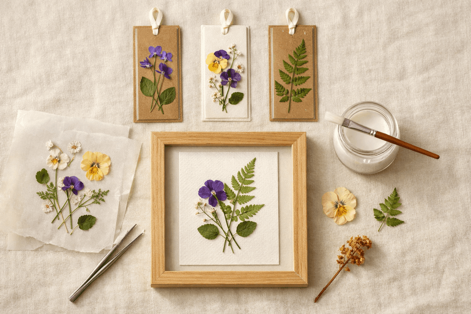 A flat lay of finished pressed flower bookmarks and small framed botanical art pieces arranged on a cream linen surface, featuring pressed violets, ferns, and pansies in soft spring colors with tweezers and parchment paper nearby