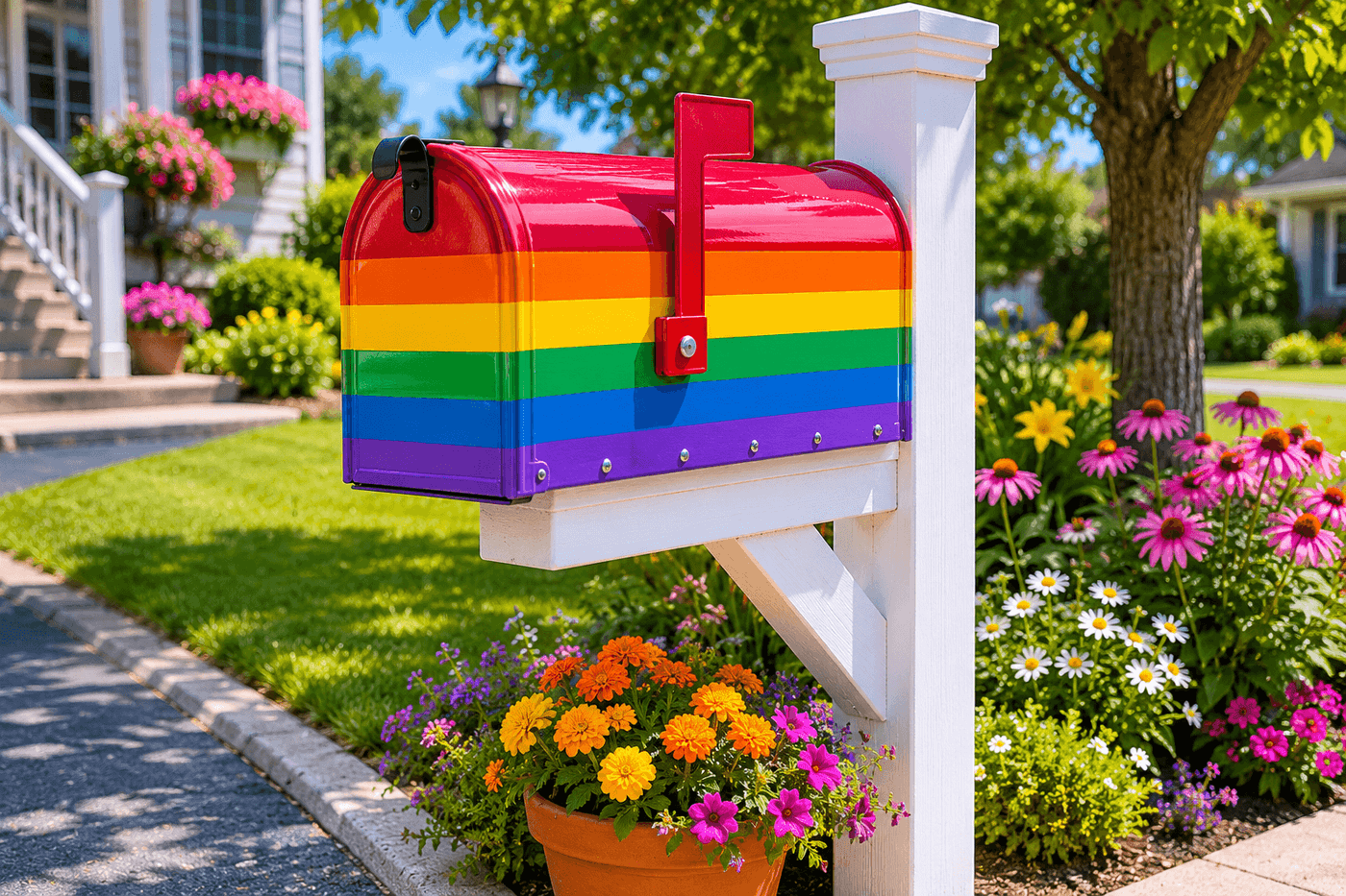 Bold rainbow striped mailbox mounted on a white post at the end of a sunny residential driveway, with vibrant horizontal bands of color across the full mailbox body