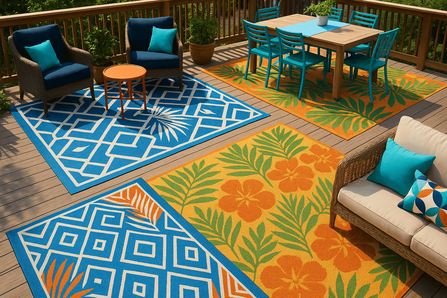 Vibrant outdoor patio with colorful weather-resistant rugs featuring geometric patterns and tropical prints defining seating areas