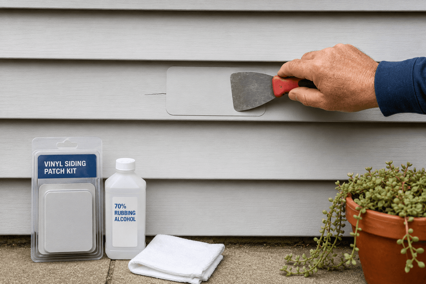 A vinyl siding patch being applied over a crack on a house exterior wall, showing the patch pressed flat with a putty knife beside a vinyl patch kit package and cleaning supplies