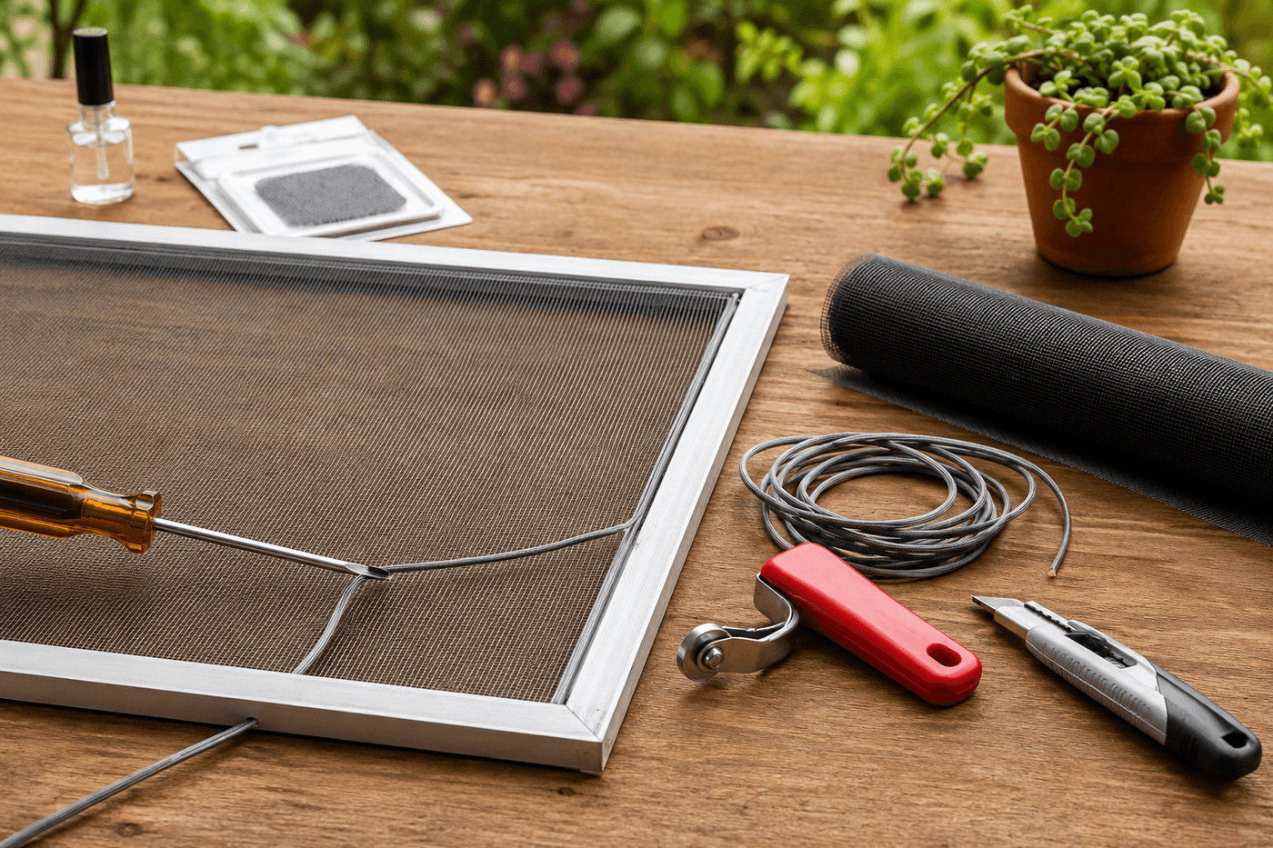 A window screen repair in progress showing a patch being woven into a damaged screen section with a spline roller tool and new screen roll beside a window frame on a bright spring morning