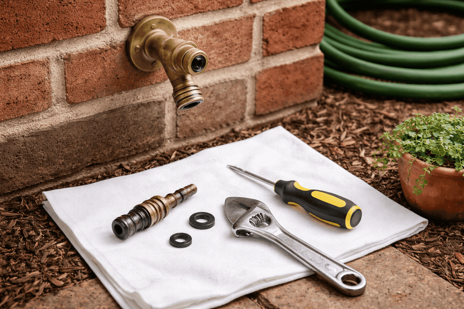 Close-up of an outdoor spigot repair with a valve stem, rubber washer, and O-ring laid out on a workbench beside an adjustable wrench