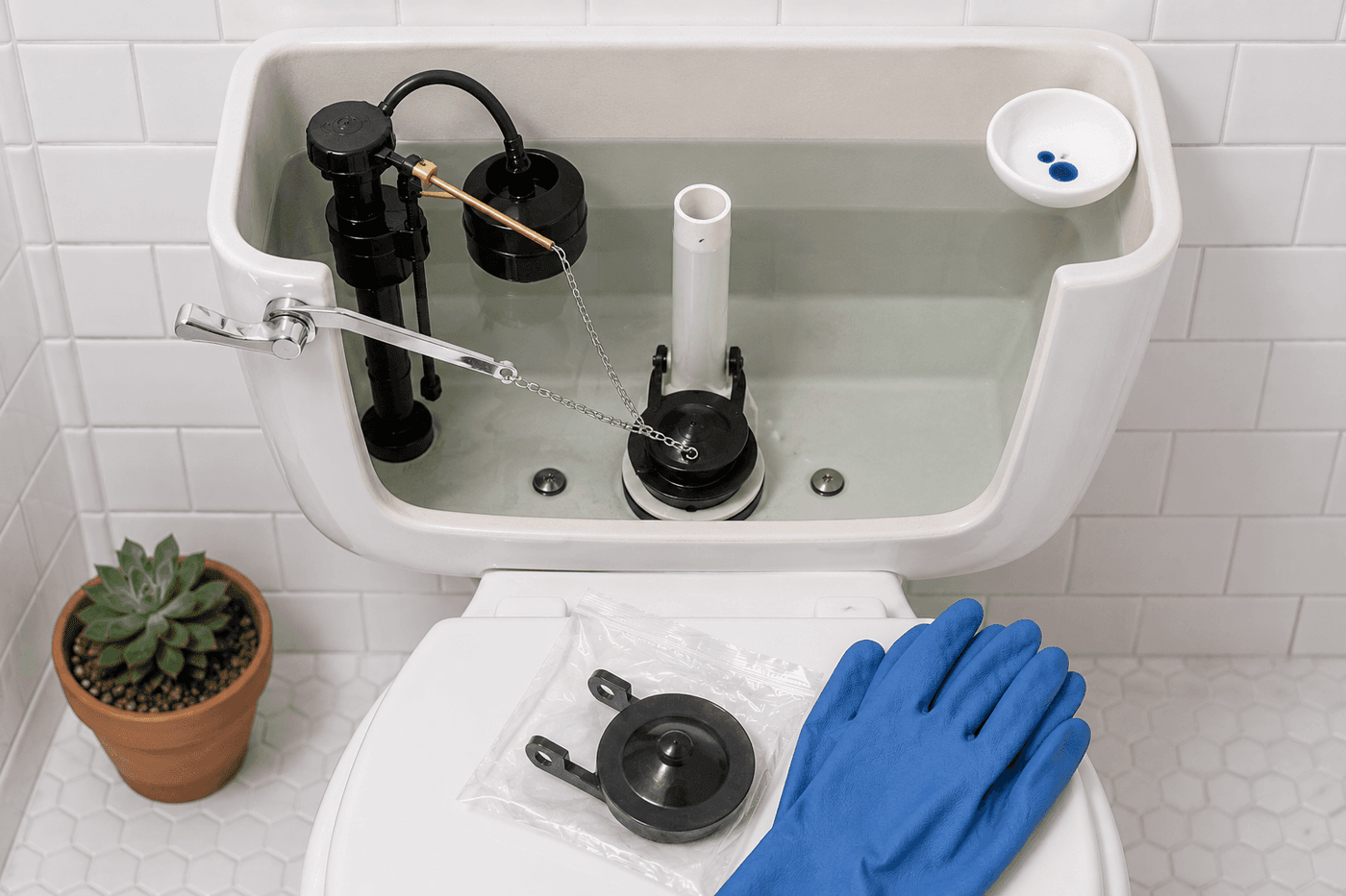 Interior of a toilet tank with lid removed showing flapper, chain, float, and fill valve components clearly labeled with a new replacement flapper and adjustment being demonstrated