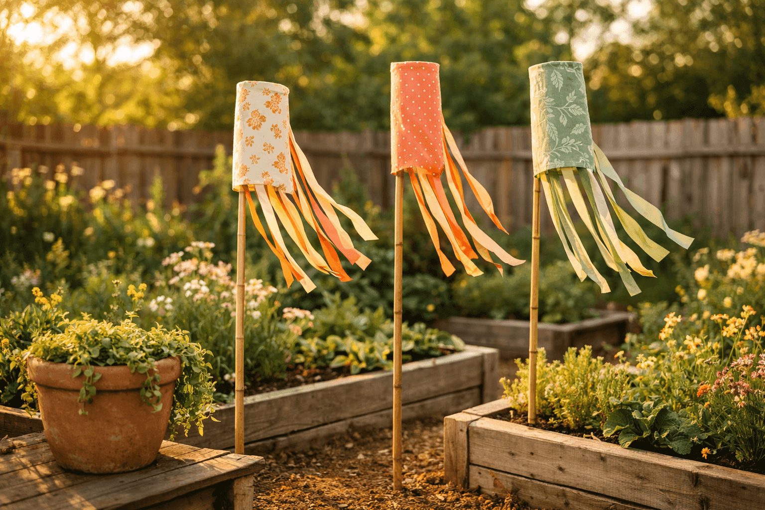 Colorful handmade fabric wind socks with flowing ribbon streamers mounted on bamboo stakes in a sunny backyard garden bed, gently catching the breeze