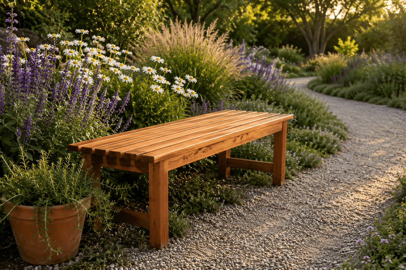 Simple slatted cedar garden bench positioned on a garden path surrounded by lush perennial plantings, finished with warm teak oil highlighting the natural wood grain, with seven evenly spaced seat slats visible