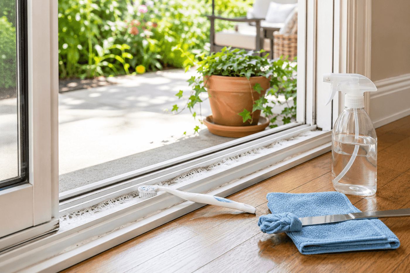 Close-up of a sliding patio door track being scrubbed with a toothbrush alongside baking soda and vinegar, with a bright sunny patio visible through the glass behind it