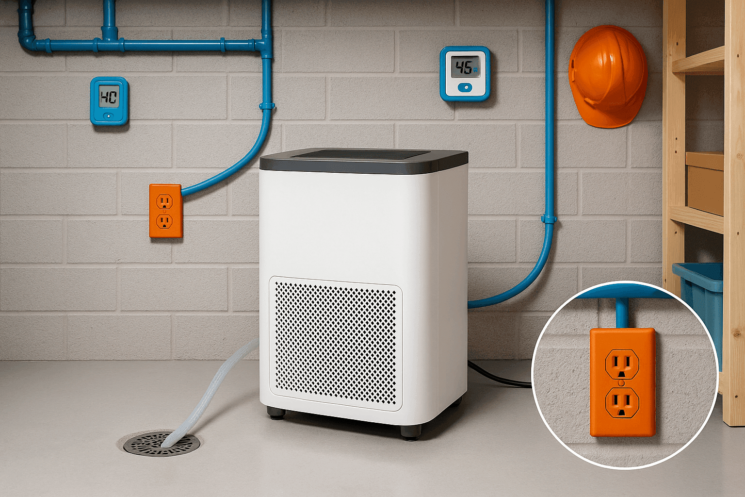 Modern dehumidifier properly positioned in clean basement with drainage system and optimal air circulation setup