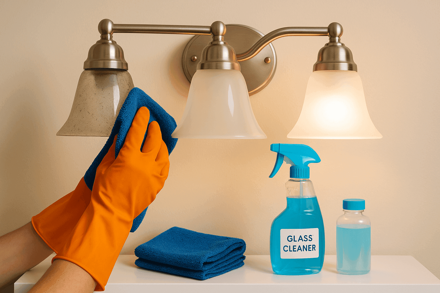 Before and after comparison of light fixture cleaning showing dramatic improvement from dusty to sparkling clean glass shades and bright bulbs