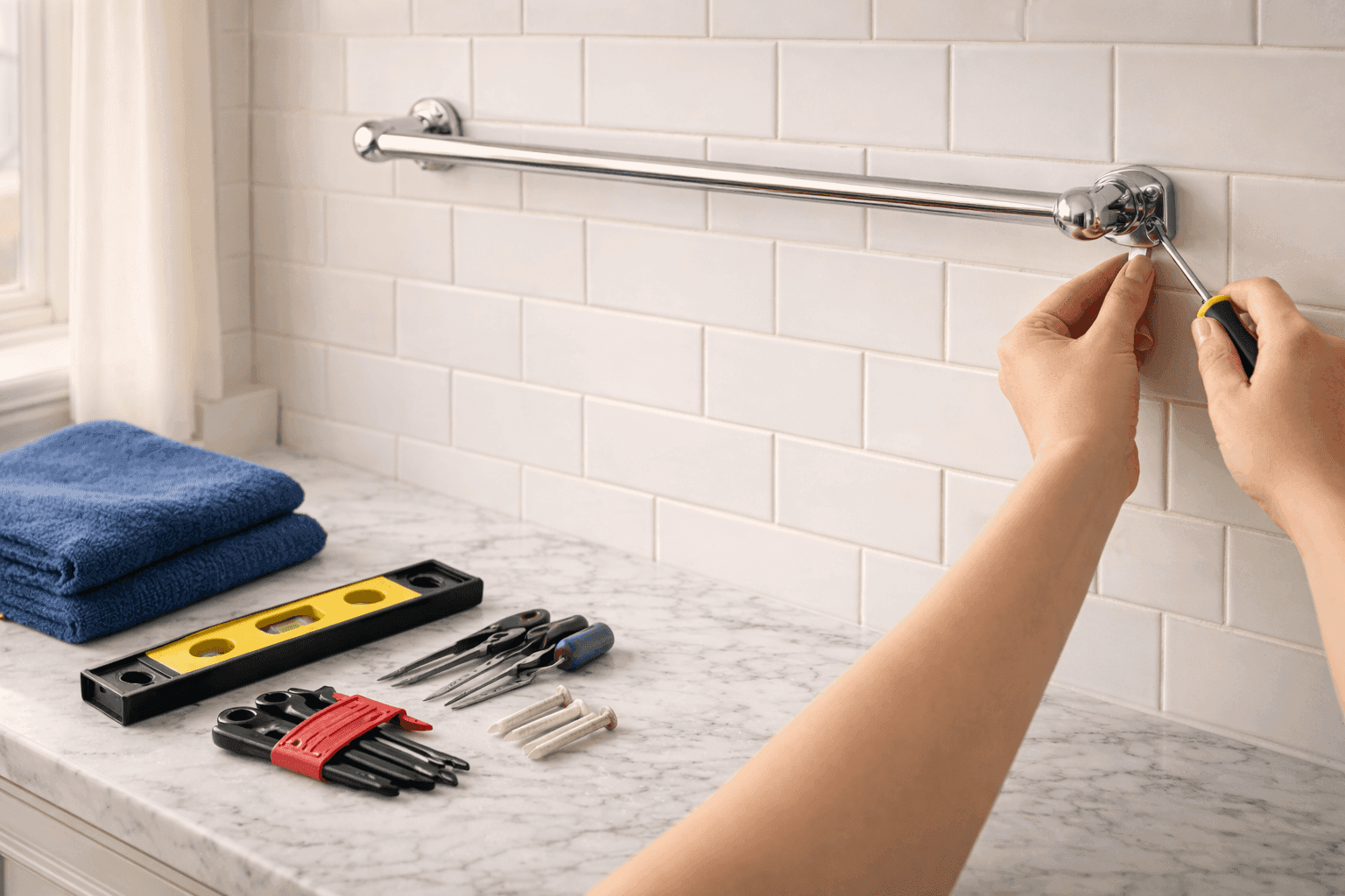 Bathroom towel bar being secured to wall with tools and wall anchors visible on nearby counter showing repair process