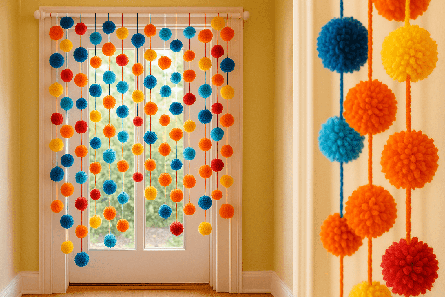 Vibrant pom-pom curtains hanging in doorway with mixed sizes and colors creating playful, textural window treatment