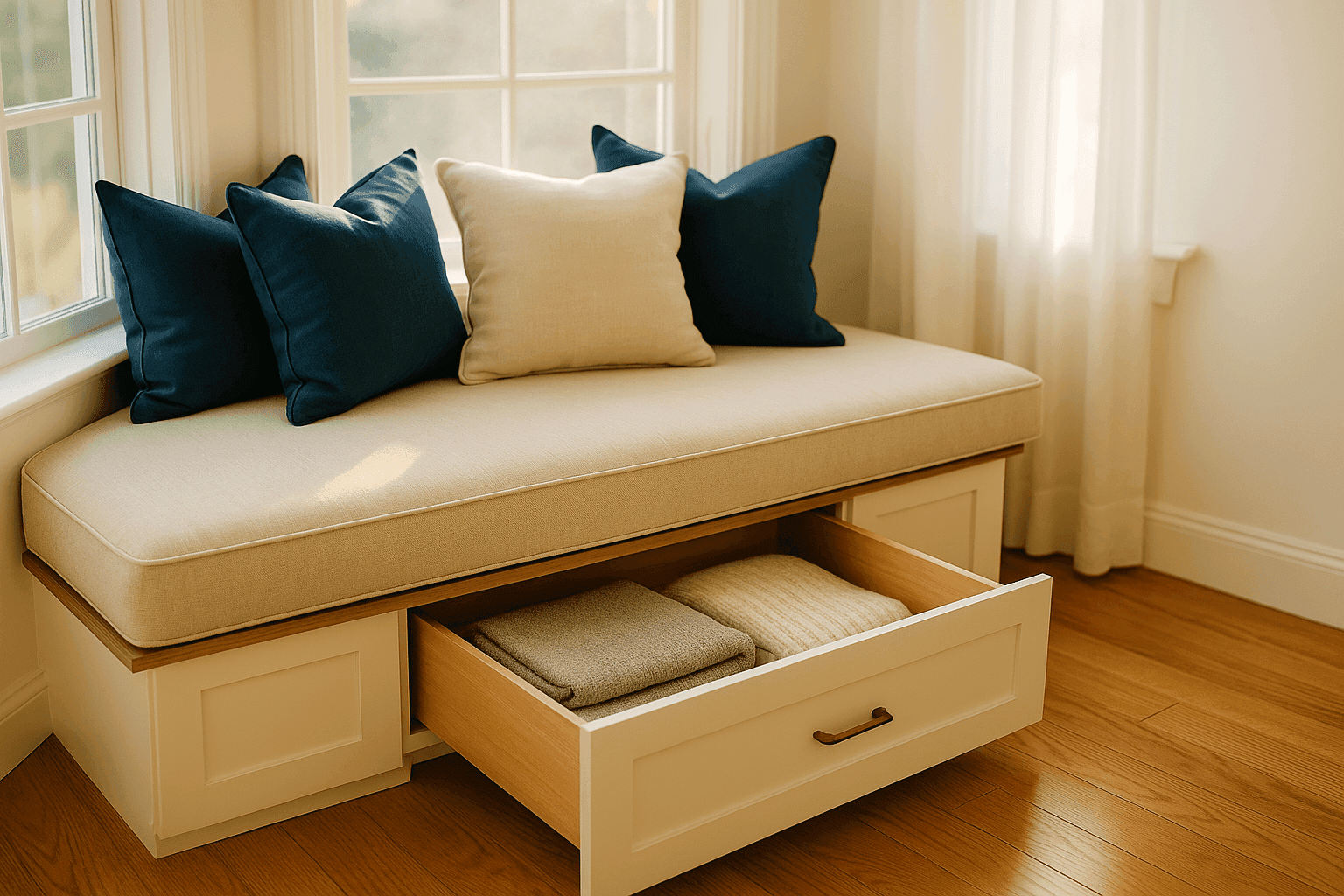 Inviting window seat with plush custom cushions in a sunlit bay window, with built-in storage drawers underneath filled with cozy blankets