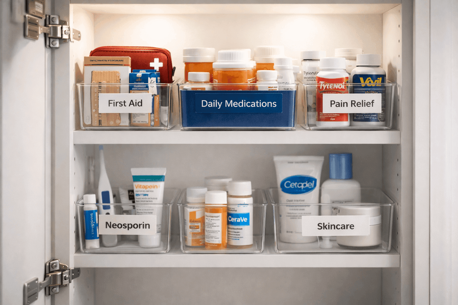 Organized medicine cabinet with labeled bins and categorized medications showing efficient storage system