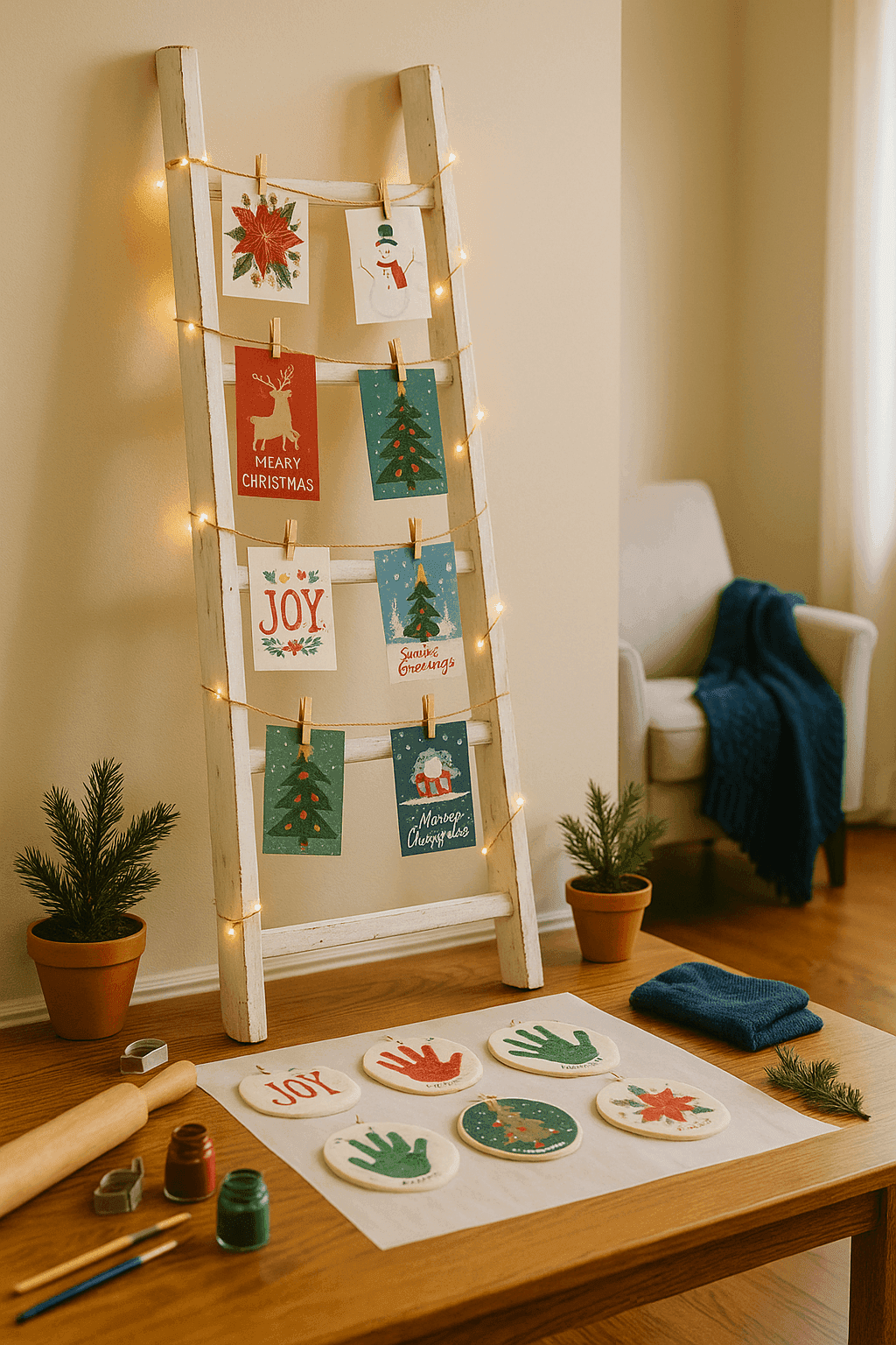 Vintage wooden ladder transformed into holiday card display with twine between rungs, clothespins holding cards, and fairy lights wrapped around sides