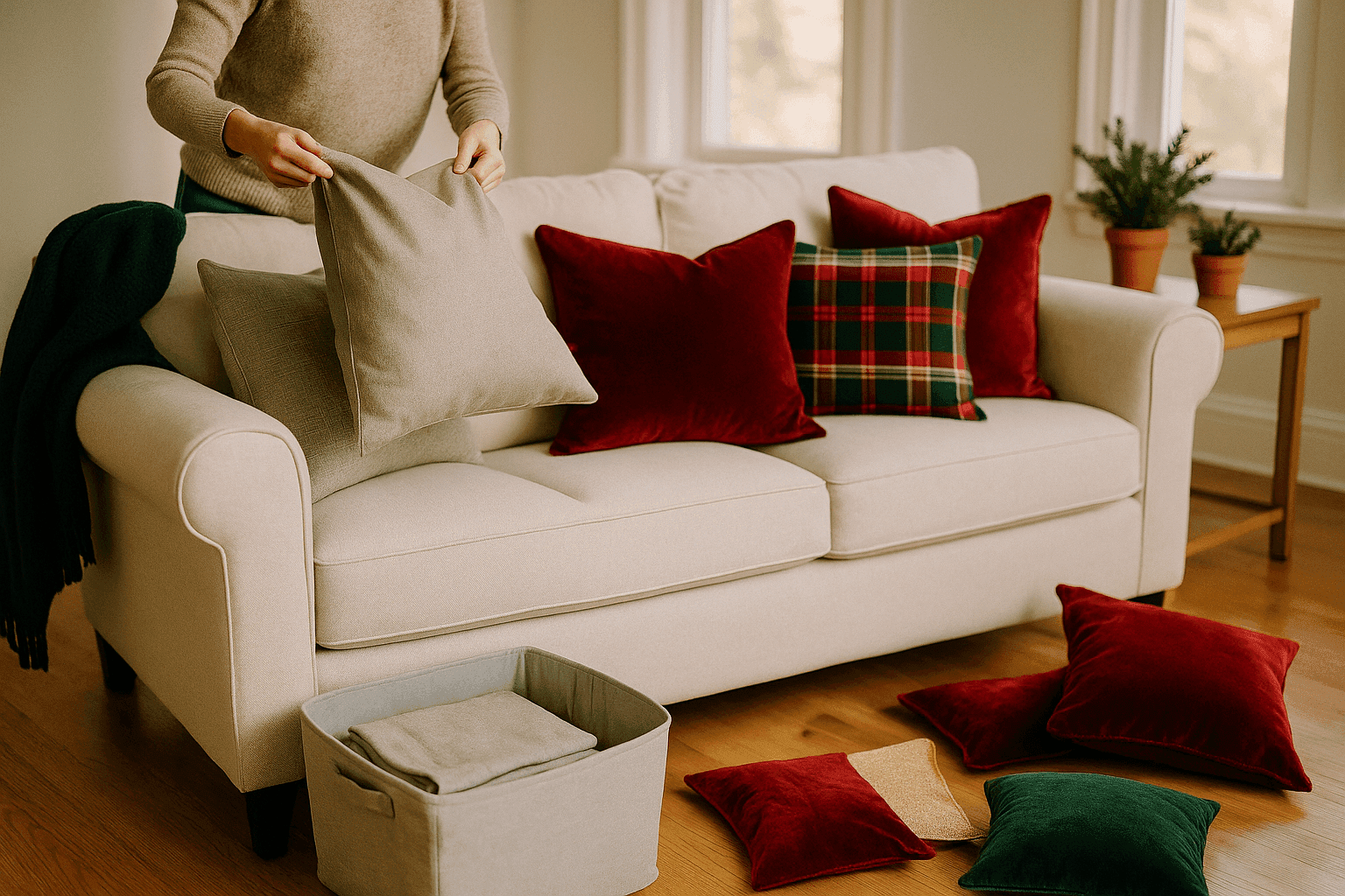 Living room sofa with everyday pillow covers being swapped for festive holiday covers in velvet and plaid creating instant seasonal transformation