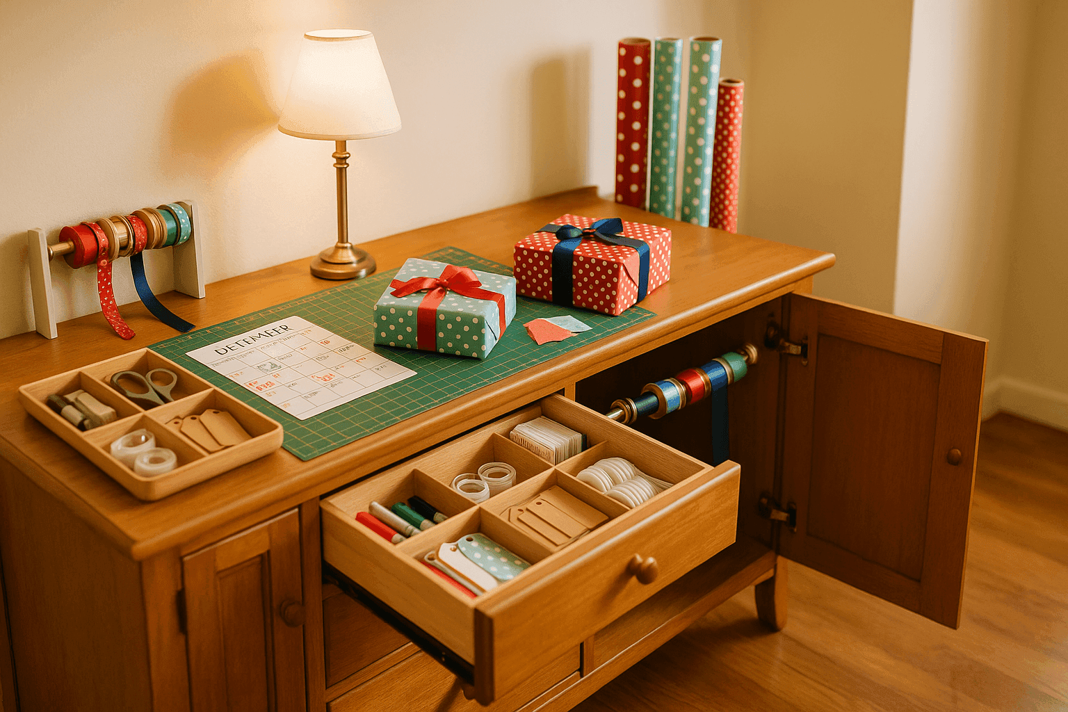 Converted sideboard gift wrapping station with ribbon rod holders and organized drawer dividers for holiday supplies