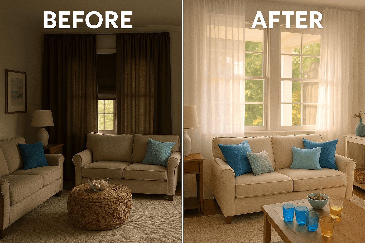 Bright airy living room with flowing sheer white curtains replacing heavy drapes, natural light streaming through creating spacious feel