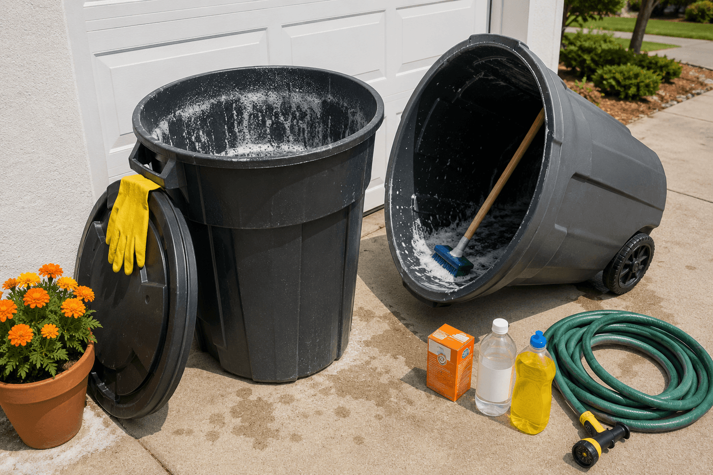 Large outdoor plastic trash can tipped on its side in a sunny driveway being scrubbed with a long-handled deck brush and soapy water, with a garden hose and baking soda box nearby