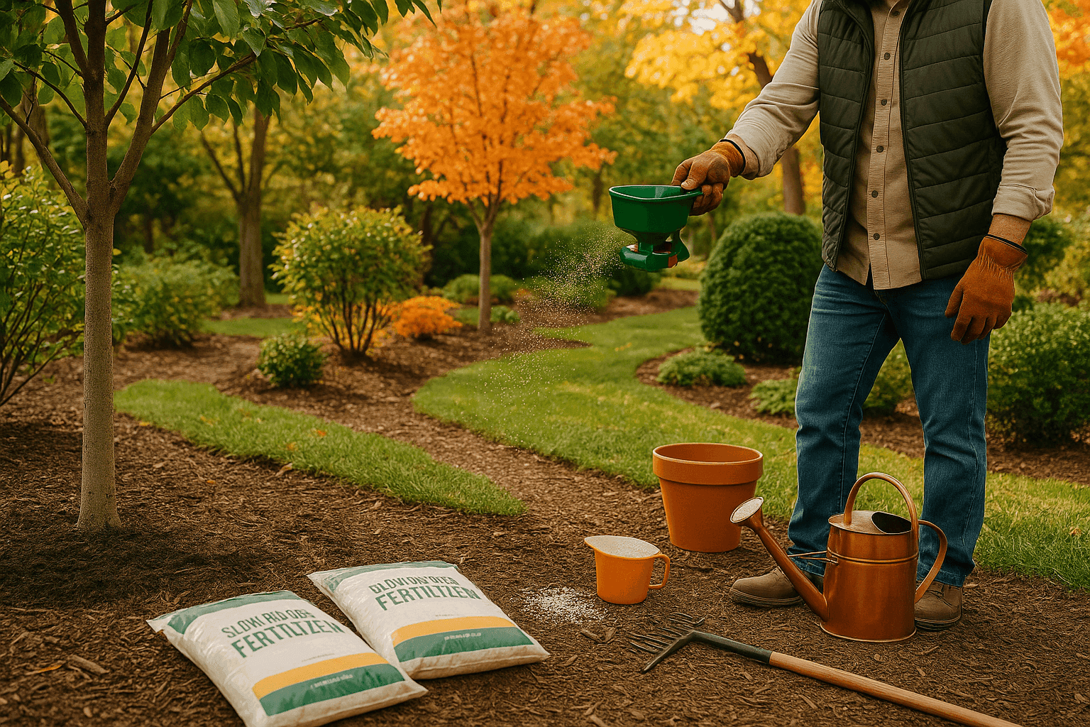 Homeowner applying granular fertilizer around the base of mature shrubs and small trees with spreader tool in autumn landscape