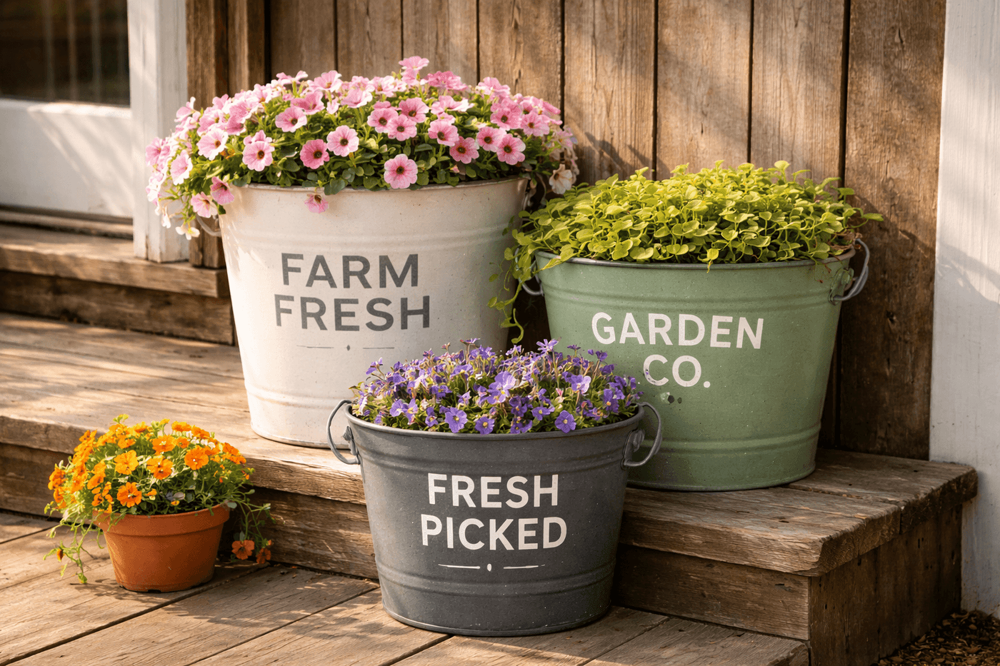 Three galvanized buckets in graduating sizes painted in cream, sage green, and charcoal with farmhouse stencil lettering, filled with trailing flowers and grouped on a rustic porch