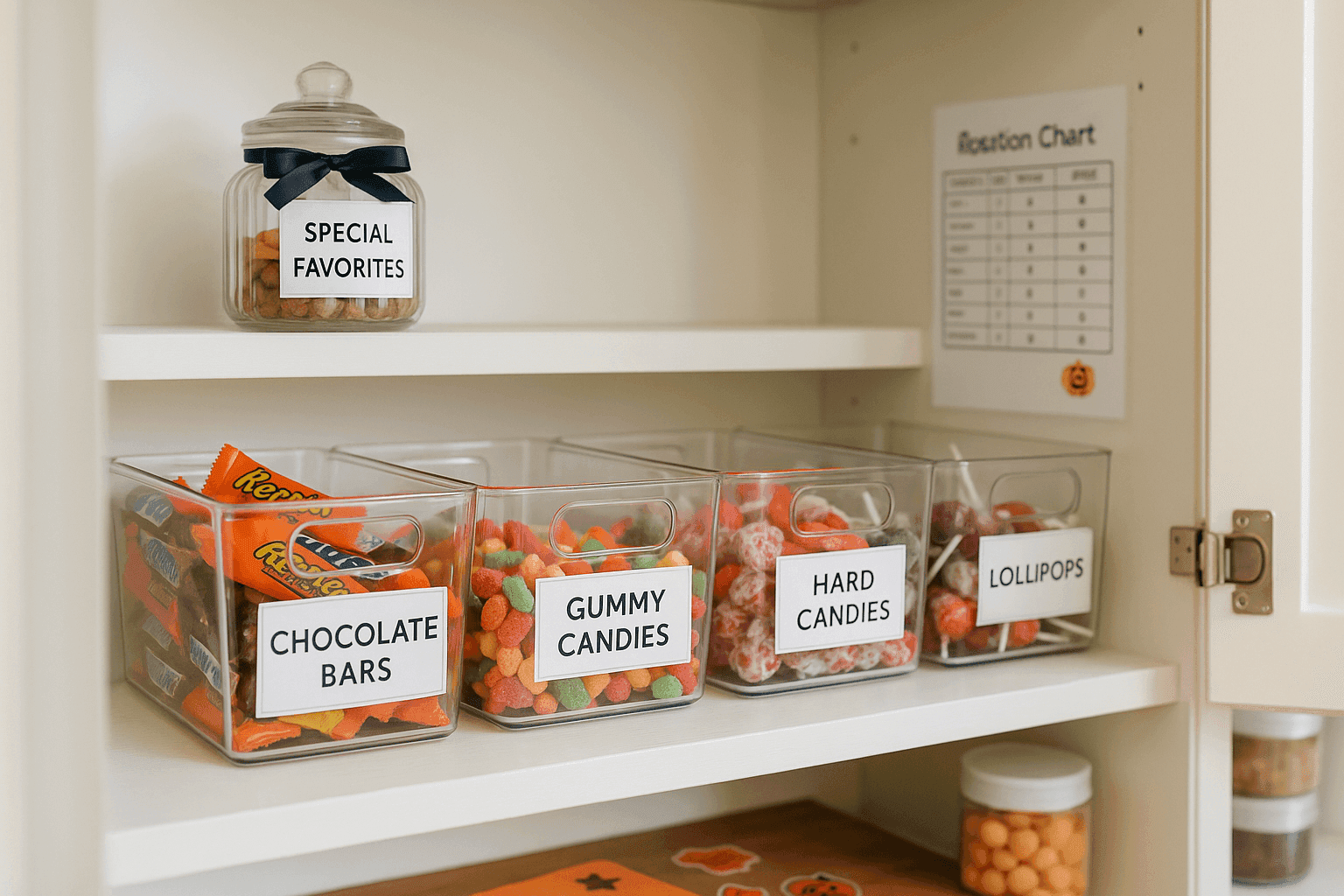 Clean pantry shelf with clear labeled containers organizing Halloween candy by type, with a rotation chart mounted on the inside of the cabinet door