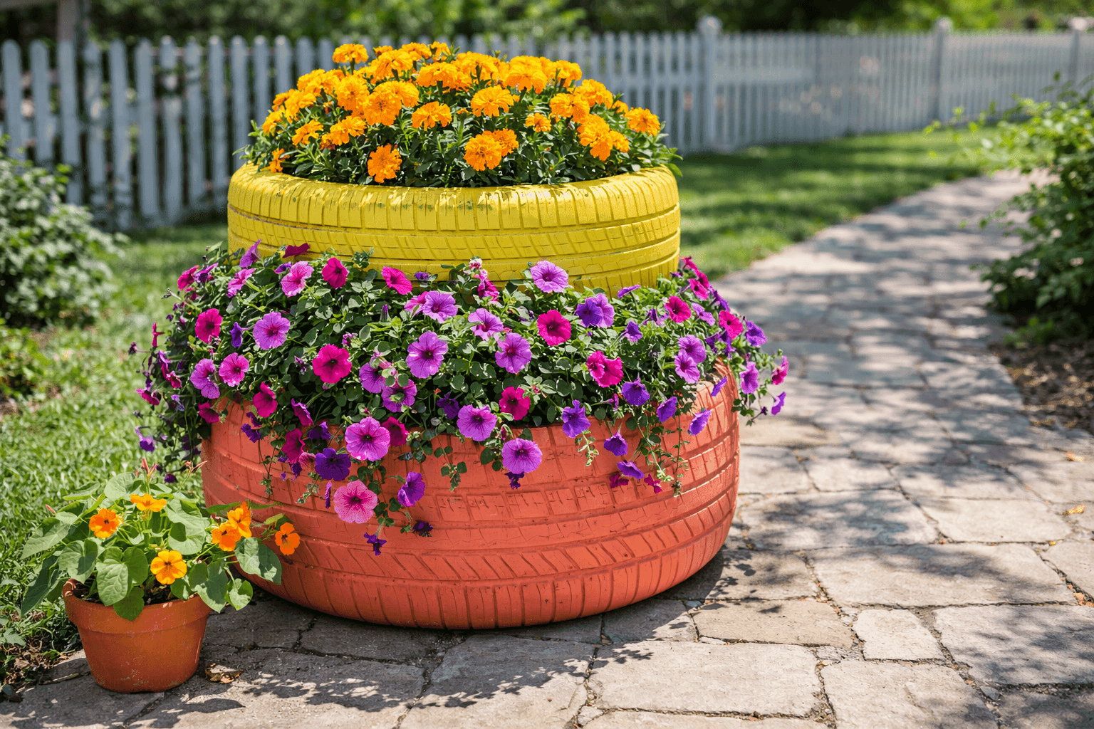 Two stacked painted tires in coral and yellow serving as tiered garden planters overflowing with petunias and marigolds along a garden path