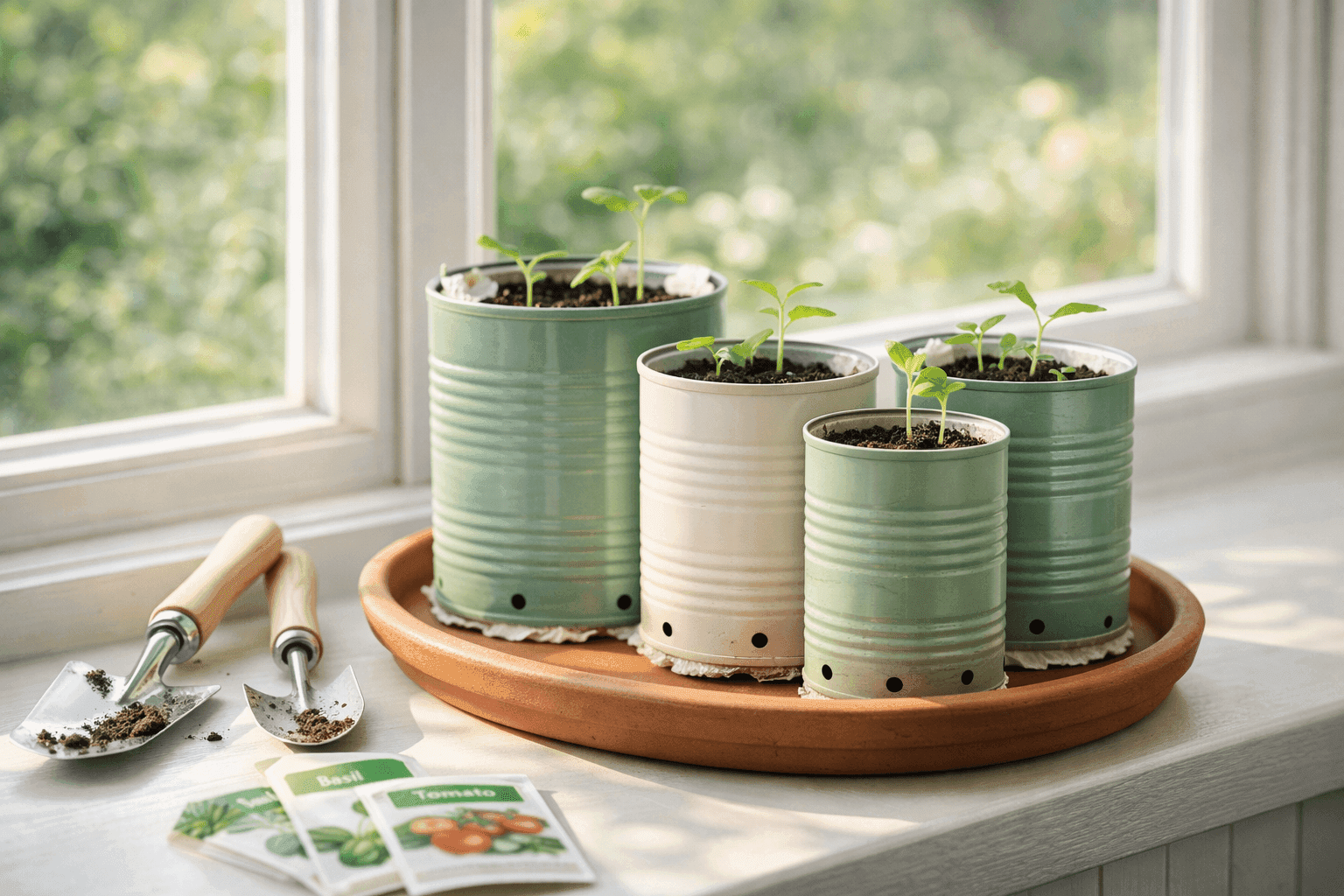 Row of painted tin can planters with young seedlings on sunny windowsill, showing drainage holes and coffee filter liners