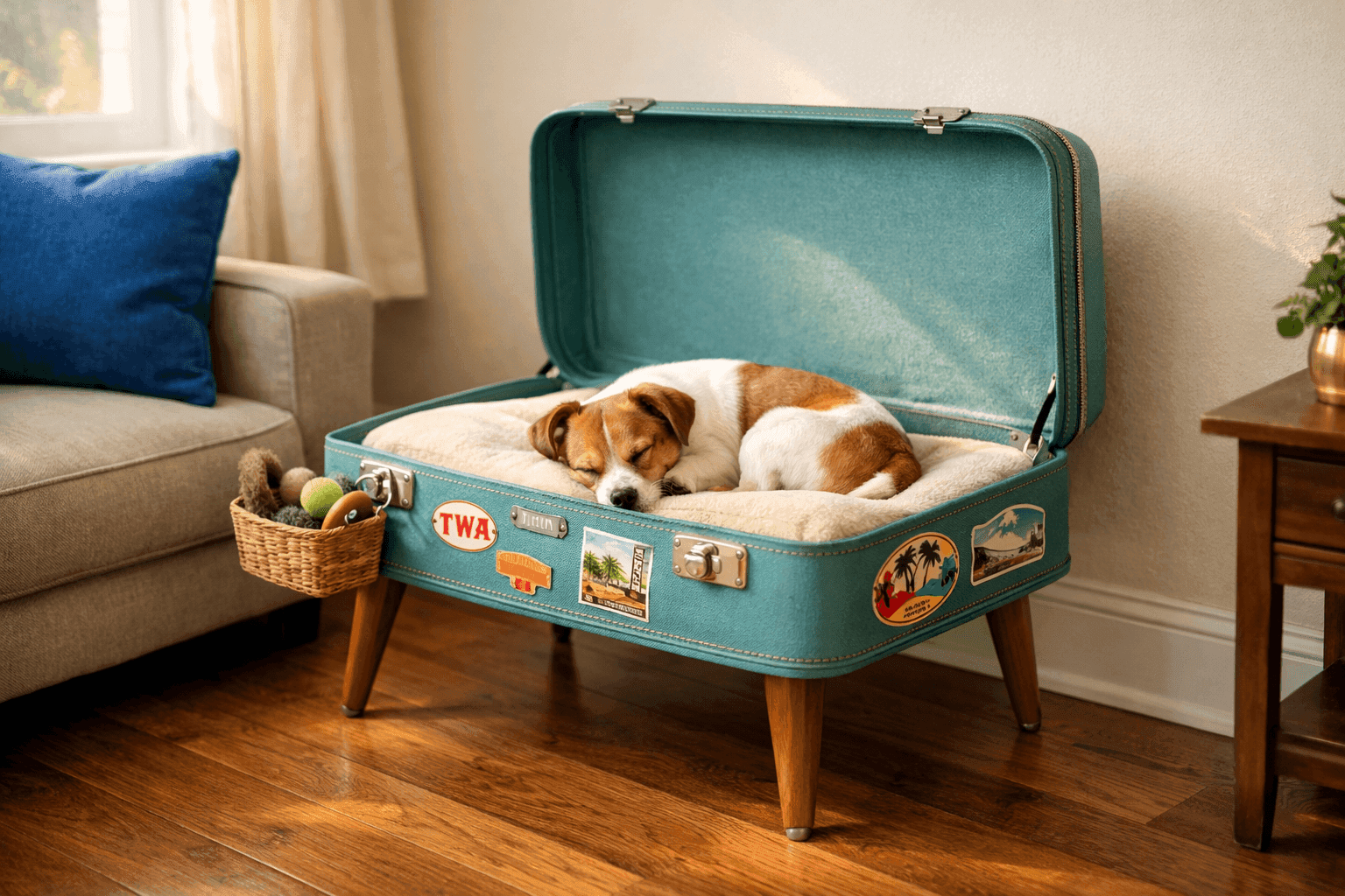 Adorable vintage suitcase pet bed with elevated legs and cushion in cozy living room with small dog curled up inside