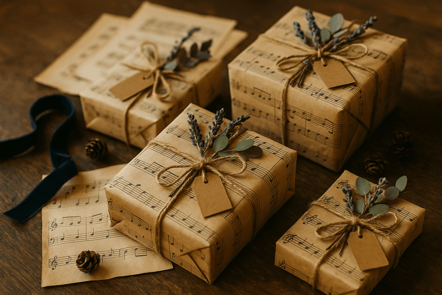 Elegantly wrapped gift boxes covered in vintage sheet music tied with natural twine and dried flowers on wooden table