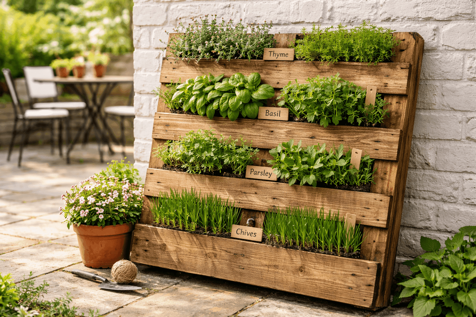 A weathered wooden shipping pallet standing upright against a white fence on a small sunny patio, with lush green herbs including basil, thyme, and parsley growing from each slat opening, small hand-lettered wooden labels identifying each herb