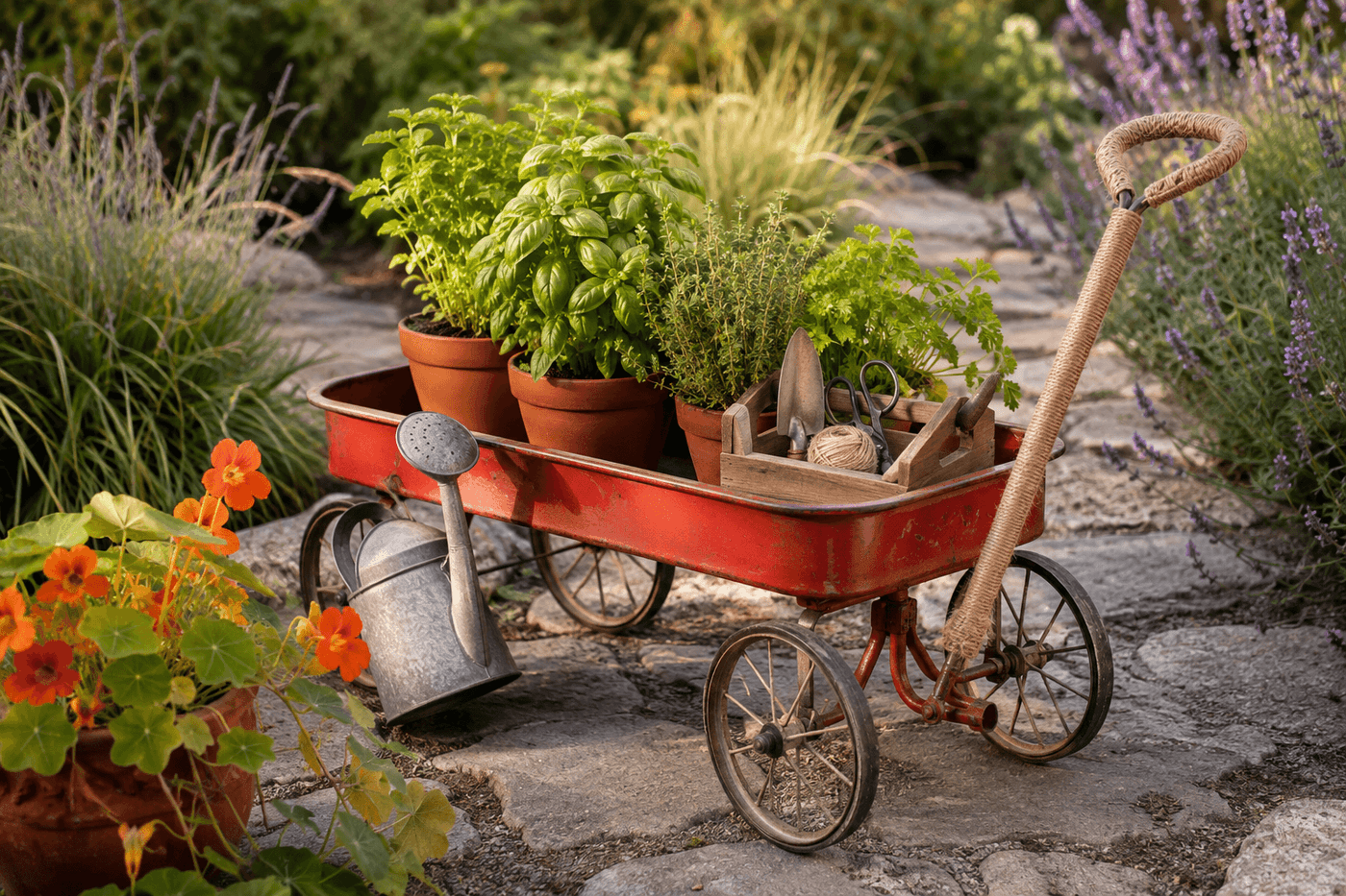 A vintage red child's wagon transformed into a rolling garden cart filled with potted herbs, a hand trowel, and a small watering can on a sunny garden path