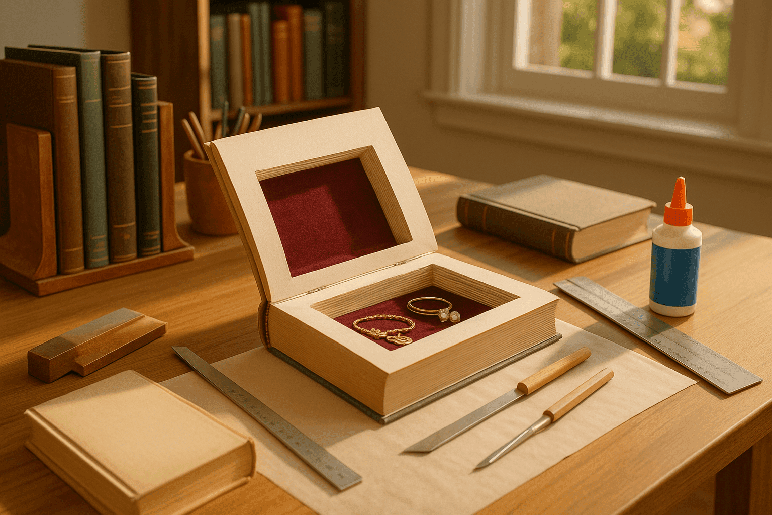 Hollowed hardcover book with hidden compartment revealing secret storage space, surrounded by craft tools on wooden work surface