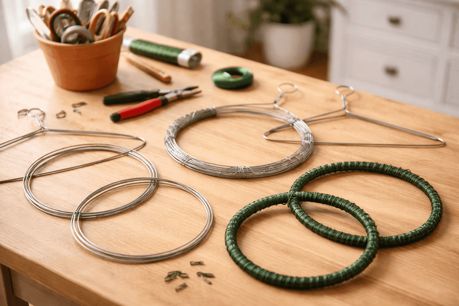 Wire hangers being bent into circular wreath forms with floral wire wrapping, showing transformation from closet clutter to craft supply