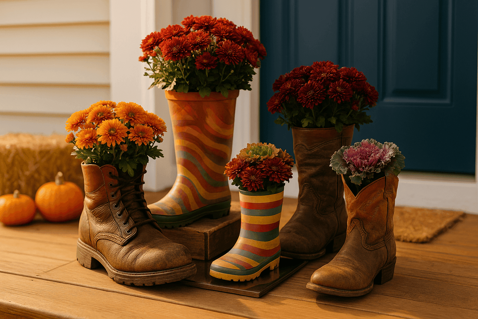 Charming front porch display with old boots converted into quirky planters filled with colorful fall mums and ornamental kale creating whimsical seasonal decor