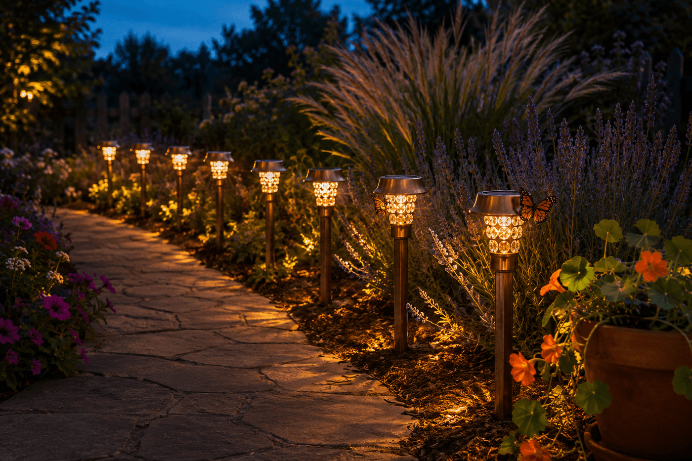 A row of upgraded dollar store solar garden stakes along a garden path at dusk, each with metallic copper housing and glass gem embellishments glowing with warm LED light among flowering garden plants