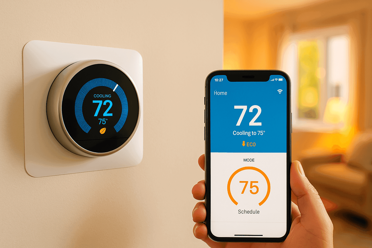 Modern smart thermostat on wall displaying temperature settings with smartphone app control and summer home interior